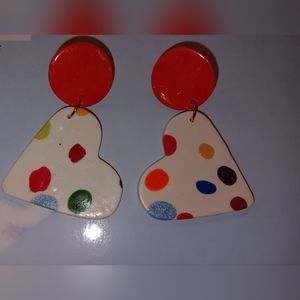 Earrings 🌈 Rainbow Polka Dot Heart Dangle Pierced Orange Polymer Clay Handmade
